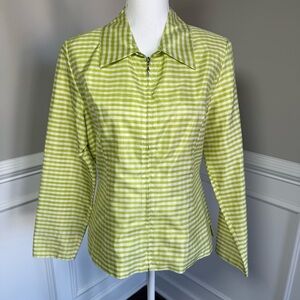 SilkLand 100% Silk Green and White Striped Lightweight ZipFront Jacket Size 8
